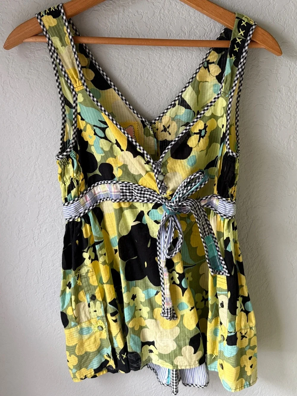 Free People Patchwork Floral Milkmaid Tank Blouse Gingham Button Back size 2 - Picture 1 of 5